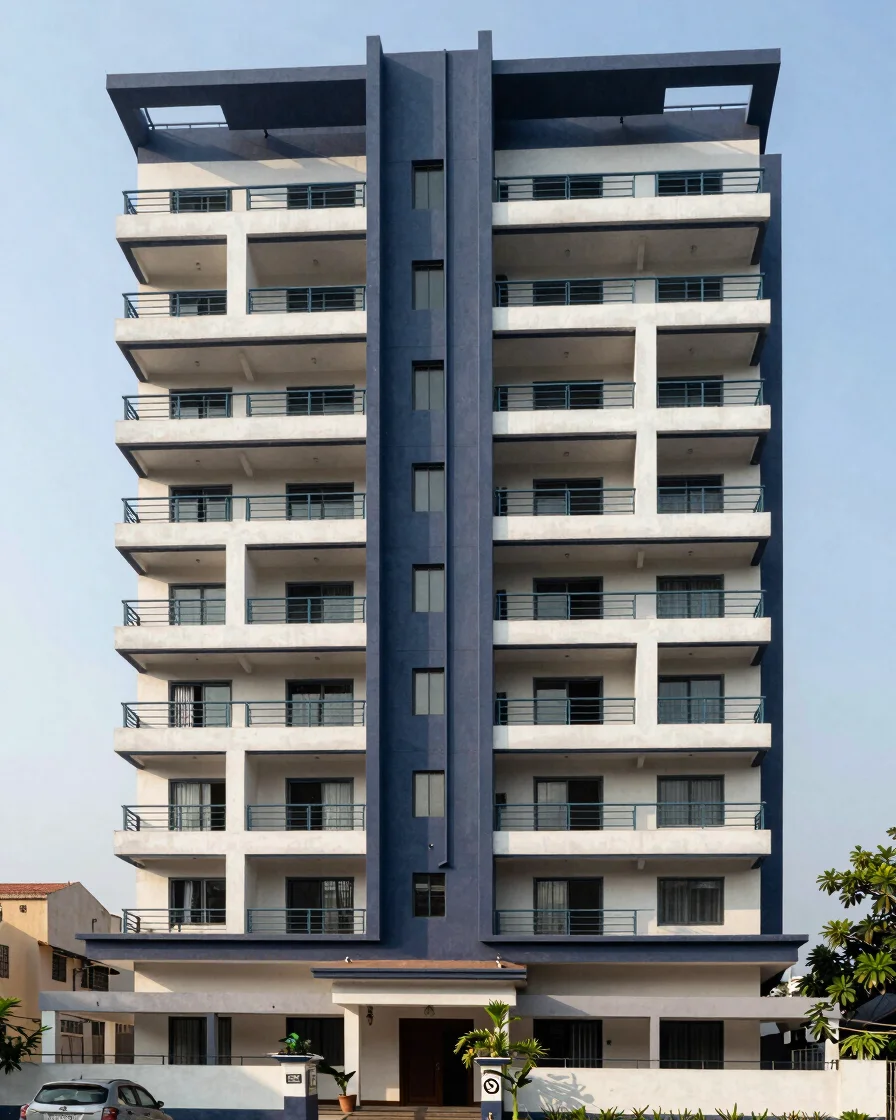 Modern Maharashtra residential housing co-operative building exterior, sharp architectural lines, deep navy accent tones