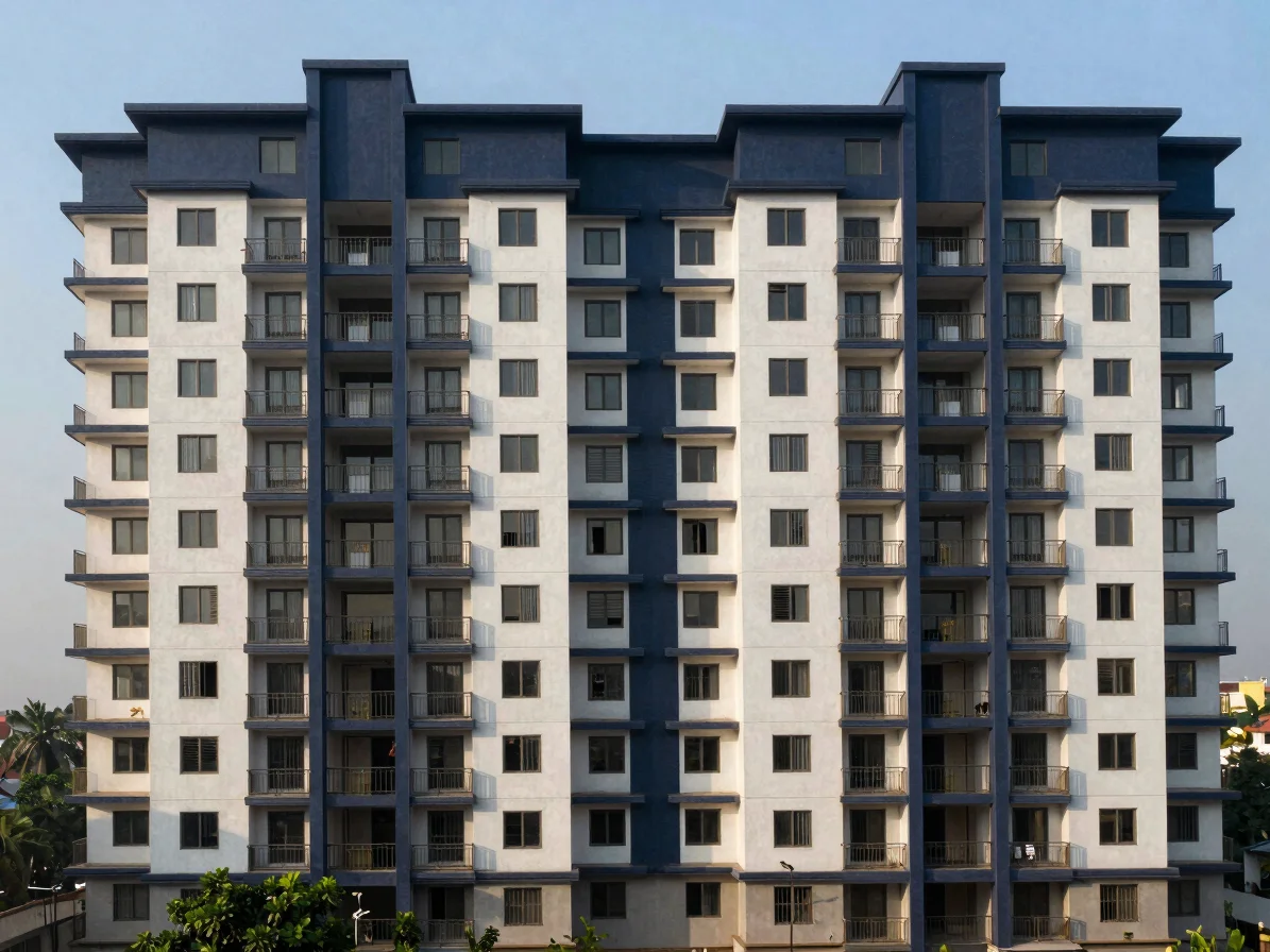 Modern residential housing co-operative building in Maharashtra, sharp morning light, structured architectural geometry,