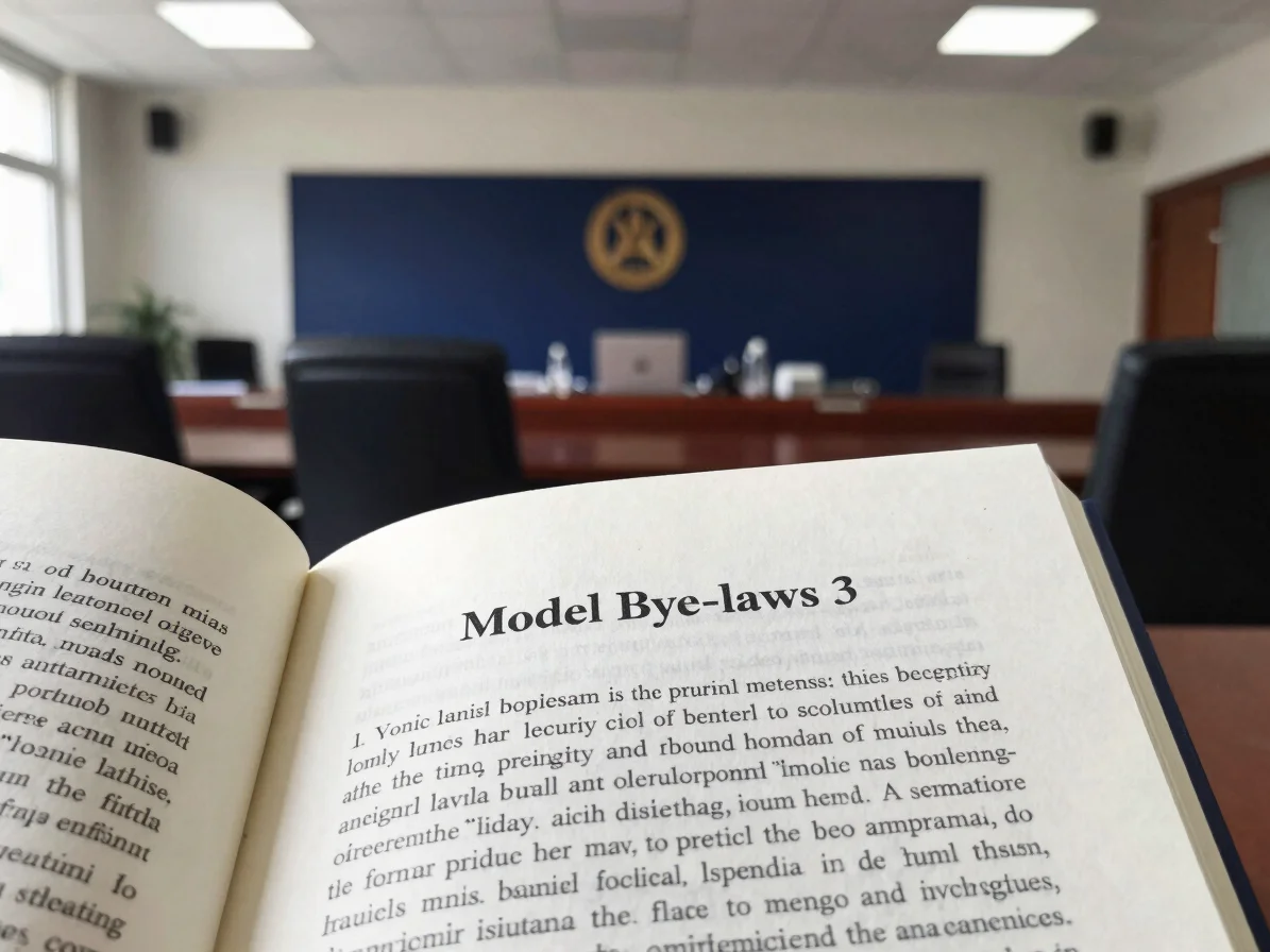 Open legal book showing a section on 'Model Bye-laws', crisp inst